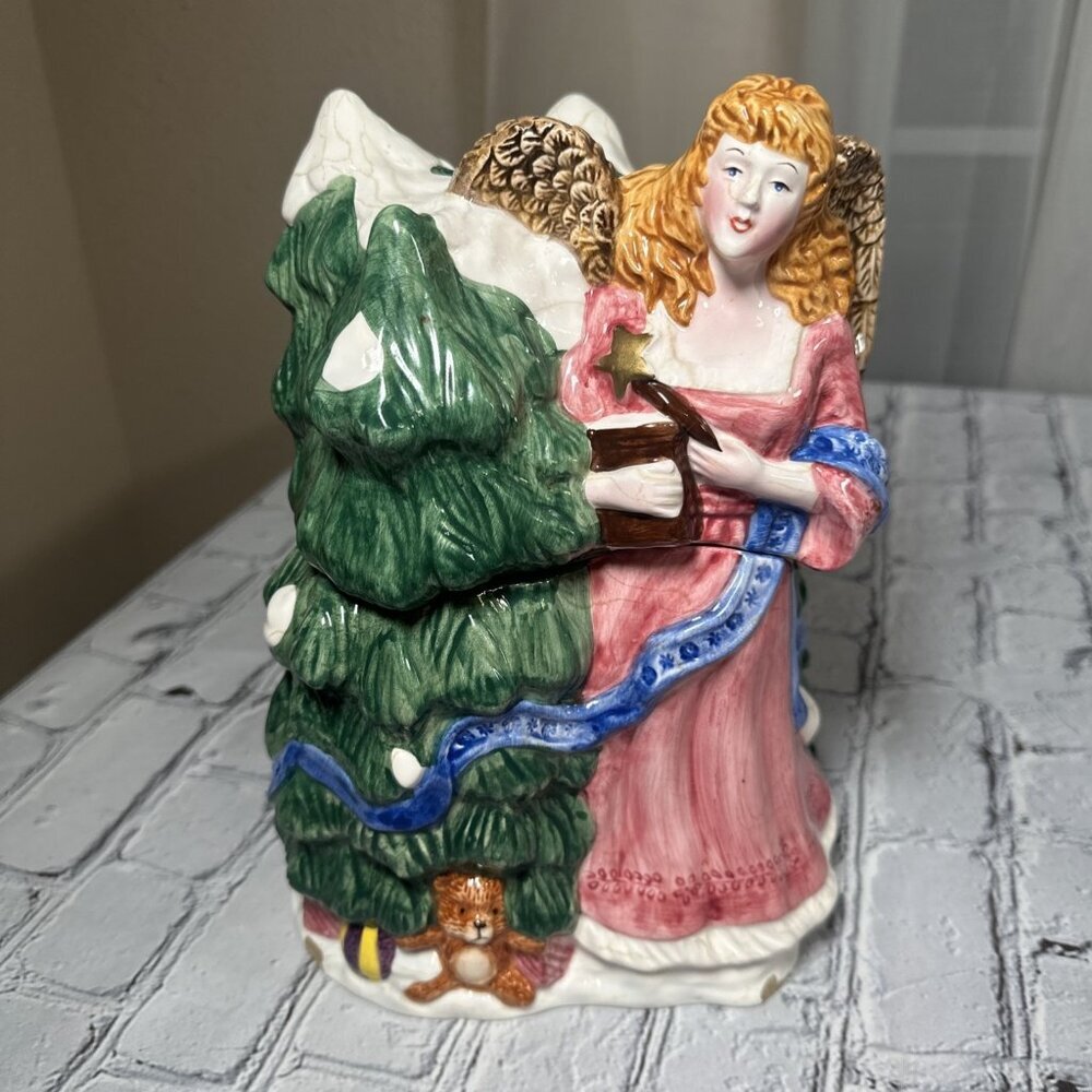 The Season's Collection Ceramic Angel with Tree and Bear Christmas Cookie Jar